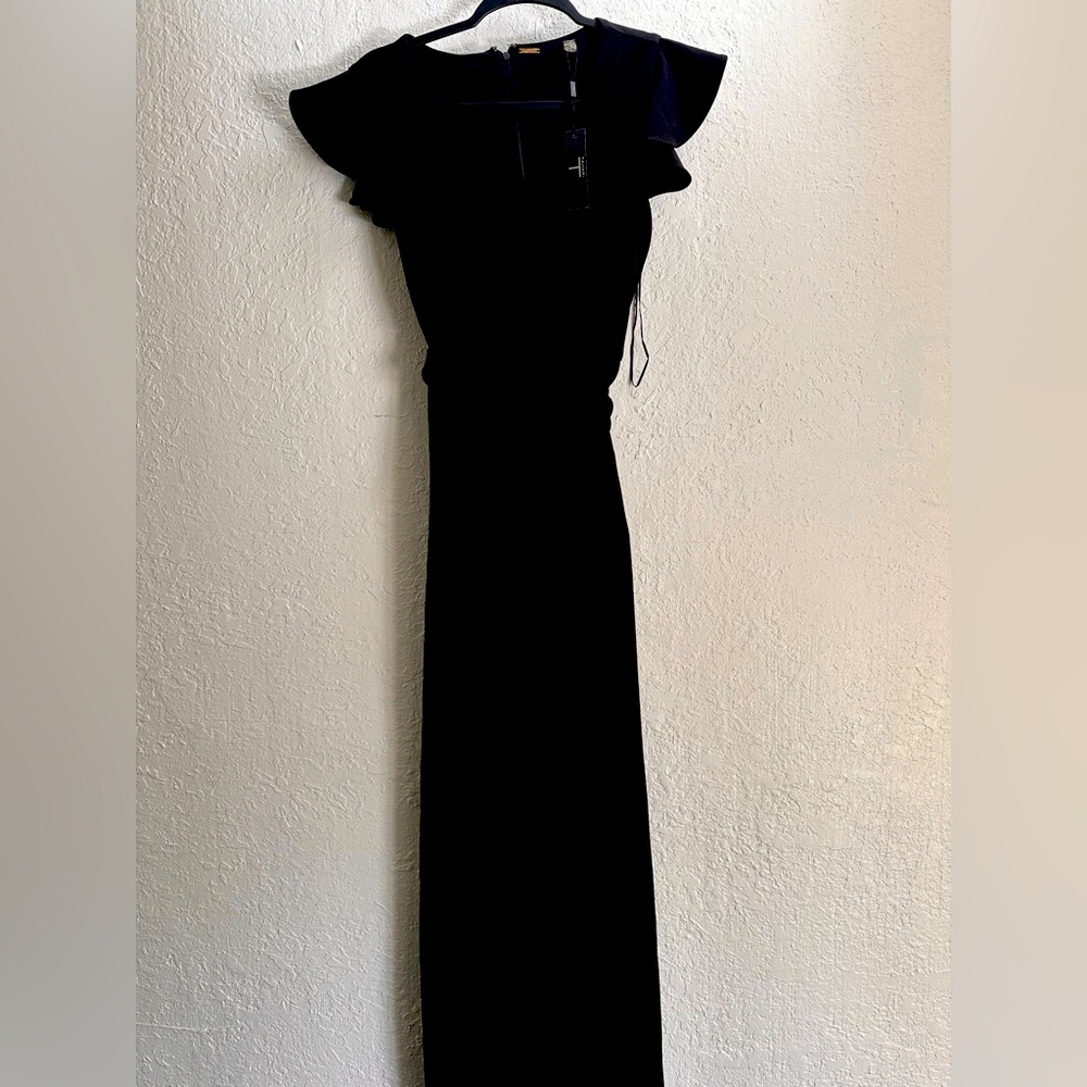 Tamari Black Wide Leg Jumpsuit with ruffle sleeves.